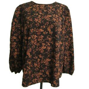 Monday Fun Floral Print Long Sleeve Flowy Top-Black/Tan/Brown-XL-NWOT